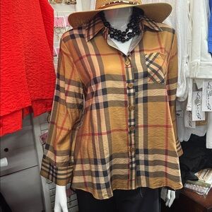 SHAN Tan and Red Plaid Shirt